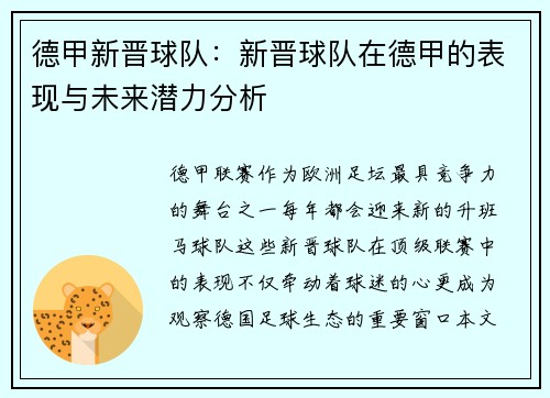 德甲新晋球队：新晋球队在德甲的表现与未来潜力分析