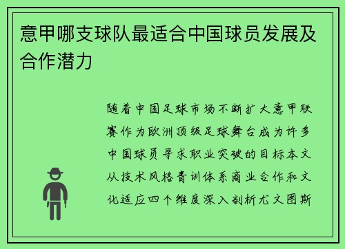 意甲哪支球队最适合中国球员发展及合作潜力